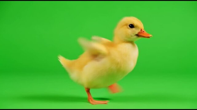 Adorable yellow duckling walking and quacking on a green screen background for easy keying