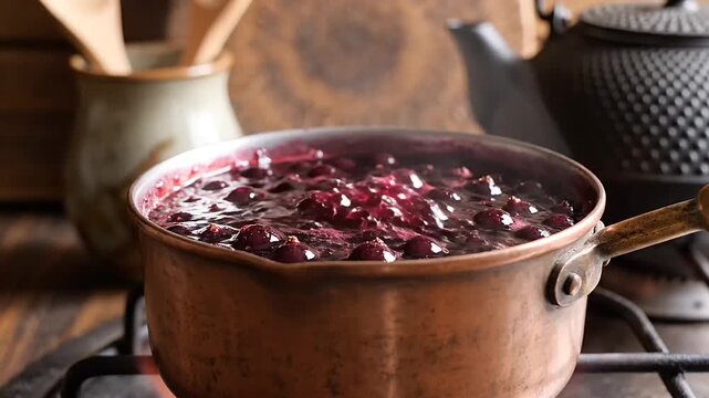 Rich berry jam bubbling in a copper pot on a stove, steam rising, kitchen ambiance