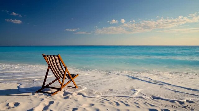 Empty deck chair on tropical white sand beach facing turquoise ocean waves and a serene blue sky