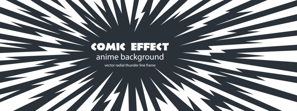 Thunder manga vector and comic background anime with radial burst cartoon. Line explosion blast and speed ray book with pop lightning flash. Bolt comic background and effect thunder hero.