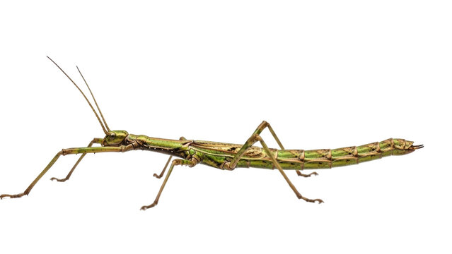 Isolated green stick insect with long antennae, exoskeleton armor and slender legs, close-up