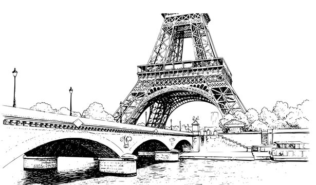 Paris cityscape Eiffel Tower line art illustration