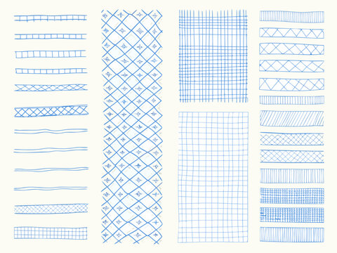 Collection of hand drawn blue line patterns and decorative stitch designs