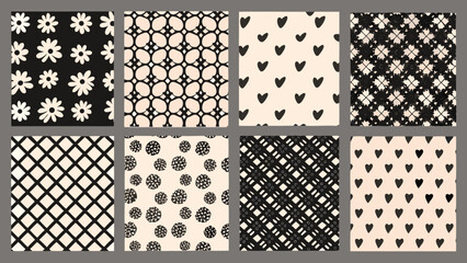 Eight seamless patterns with floral and geometric motifs in black and beige