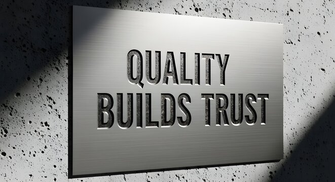 Quality builds trust with modern metallic sign on concrete wall