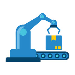 Obraz premium Automated robotic arm precisely placing a cardboard box onto a conveyor belt system in a modern industrial factory setting showcasing advanced manufacturing technology