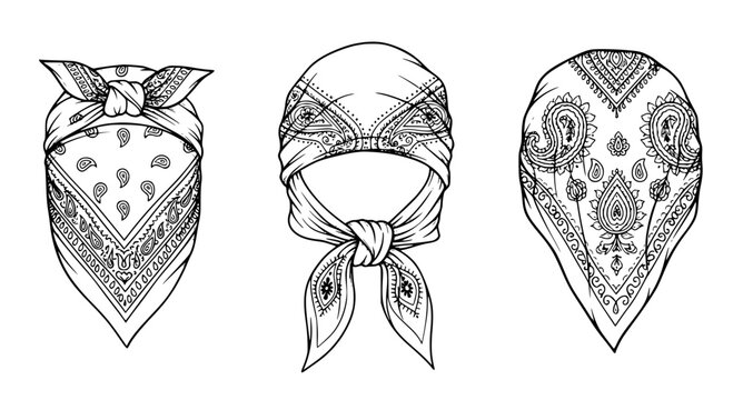 Bandanas illustrated set with paisley patterns and head wraps featuring bandana, headscarf, kerchief with pattern and illustration elements for line art, monochrome projects, clean composition on