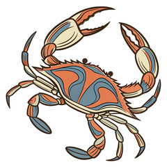 A colorful crab with orange and blue swirls on its body