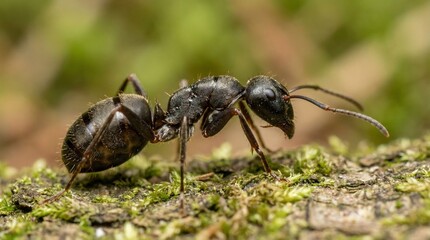 Close up of a black garden ant crawling on mossy tree bark in a forest setting