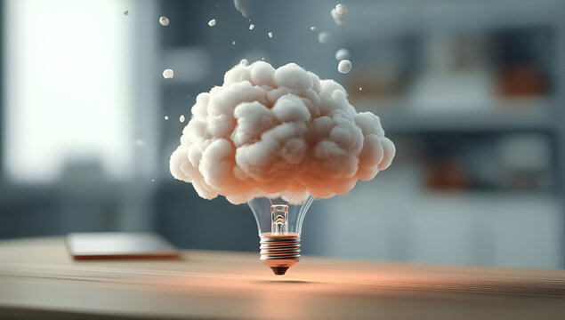 A creative conceptual image depicting a light bulb filled with cloud-like brain structures, symbolizing innovative ideas.