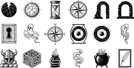 Vintage mystical symbols vector set, fantasy magic icons collection with compass hourglass ghost cauldron medieval illustration bundle isolated design pack © Its Marjia's World