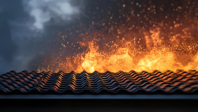 A dramatic view of a roof engulfed in flames, showcasing the intensity of fire against a dark, stormy backdrop.