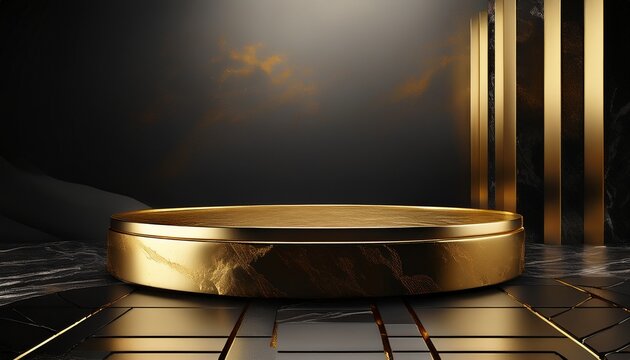 gold black podium luxury 3d stage presentation product background display of golden dark stone empty pedestal backdrop elegant studio platform or premium advertising award sale cosmetic marble stand