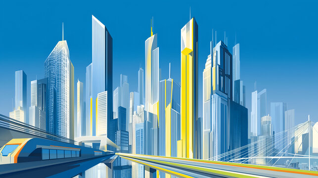 A futuristic city skyline featuring sleek skyscrapers and advanced transportation systems against a vibrant blue sky.