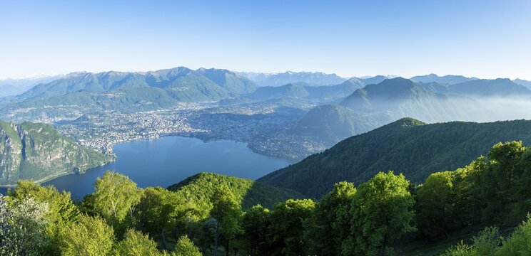 View of Lake Lugano and Lugano from Mount Sighignola, Balcone Svizzero, Tessin, Switzerland
