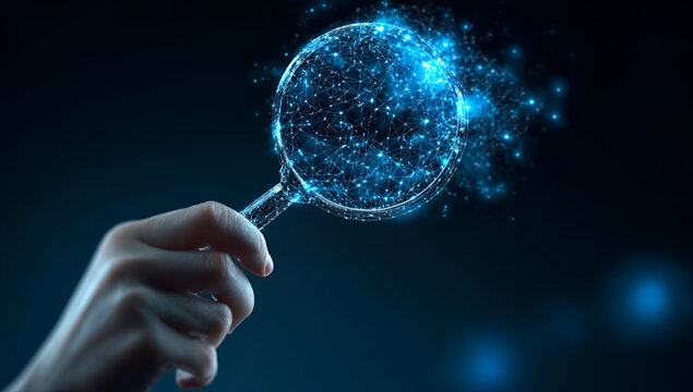 A hand holding a glowing magnifying glass with sparkling particles, representing curiosity and exploration in science.