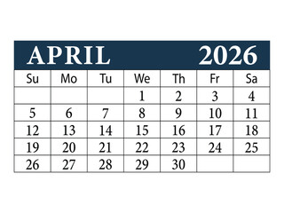 April 2026 monthly calendar page template
