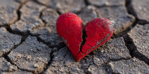 Obraz premium A cracked red heart placed on dry, cracked earth symbolizes emotional struggle and climate change, evoking feelings of loss and resilience.