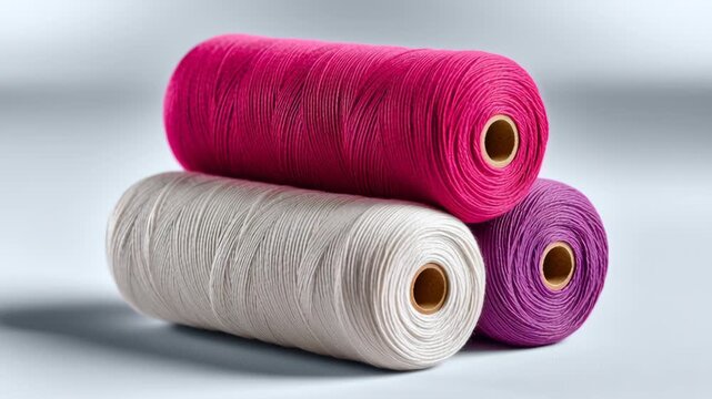 Three spools of colorful sewing thread stacked in a triangular formation, featuring vibrant pink, purple, and white threads against a soft gradient background