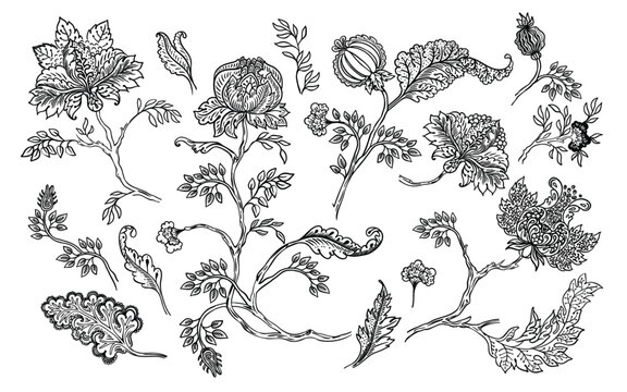 Black and white line art vector set in Jacobean chintz style. Collection of intricate decorative flowers, foliage, and animals. Detailed outline elements suitable for coloring pages and design
