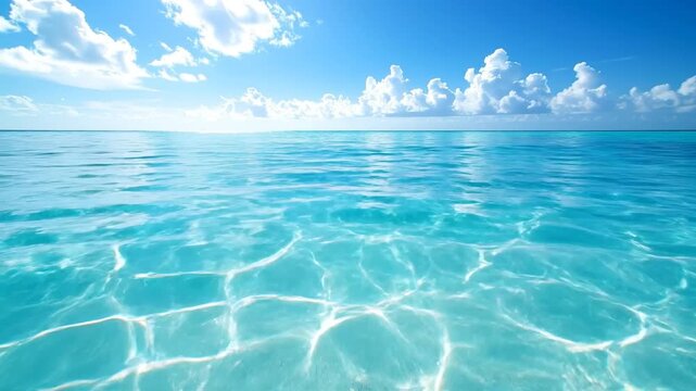 Beautiful turquoise ocean water under a bright blue sky with f white clouds in the background.