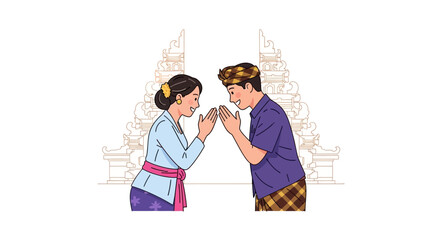 Traditional Cultural Greeting Gesture Illustration, Symbolizing Respect and Welcome in a Southeast Asian Setting