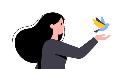 woman holding a bird in her hand, bird represents freedom