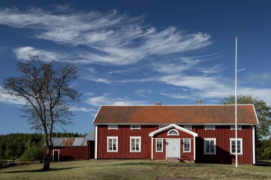 Falun red or Swedish red painted houses, farm, Geta, Aland, or &Aring;land Islands, Gulf of Bothnia, Baltic Sea, Finland