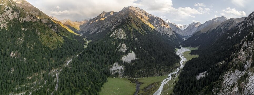 Aerial view, Green Mountain Valley, Chon Kyzyl Suu, Tien-Shan Mountains, Kyrgyzstan