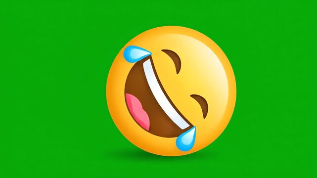 A bright yellow emoji face with its mouth open and tears streaming down its cheeks, conveying laughter and joy. Isolated on a green screen background for easy compositing.