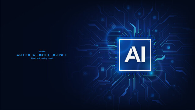 Futuristic AI chip on a circuit board. Artificial intelligence and innovation concept. Quantum computing. Microchip, semiconductor, and processor. Technology background. Vector illustration