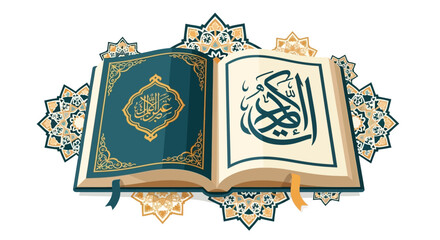 Illustrative depiction of an open holy book with intricate Arabic script and ornamental Islamic patterns