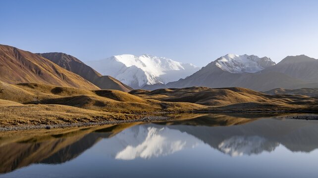 Mountains reflected in a small mountain lake, Pik Lenin, Trans Alay Mountains, Pamir Mountains, Osh Province, Kyrgyzstan