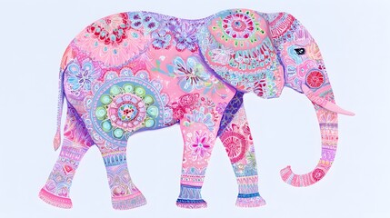 Fototapeta premium Colorful elephant mandala filled with floral and geometric patterns. Vibrant tones and symmetrical details. Illustration of an Indian elephant in boho patterns, spiritual design.