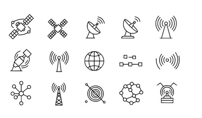 Fototapeta premium Wireless Satellite Technology Icon Set – Antenna and Global Data Line Vector