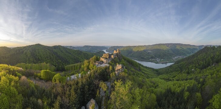 Drone shot of Aggstein Ruin at sunrise with Danube, Wachau, Sch&ouml;nb&uuml;hel-Aggsbach, Lower Austria, Austria