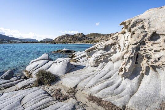 Rock formations on the coast with turquoise sea, Kolimbithres beach, Paros, Cyclades, Aegean Sea, Greece