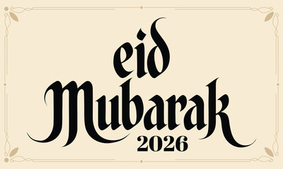Fototapeta premium Eid Mubarak 2026 greeting card with decorative border and calligraphy