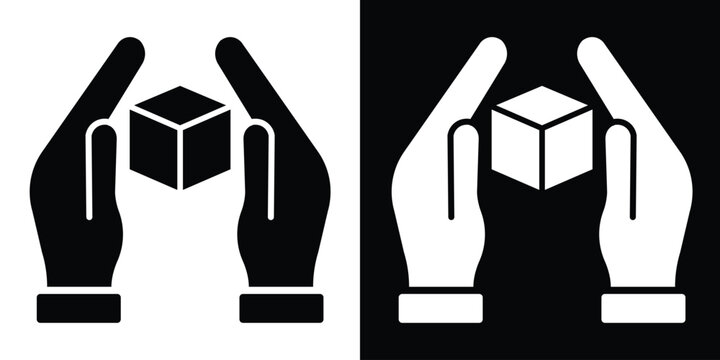 Protective hands holding a box icon representing careful handling. Logistics symbol for package safety, manual handling instructions, and delicate cargo protection for shipping and mailing.