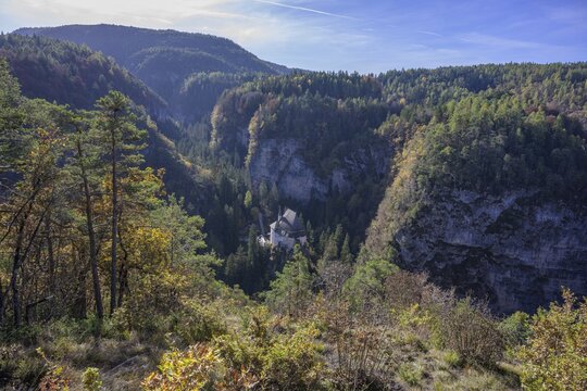 View down to the former hermitage and place of pilgrimage, San Romedio, Romeno, Trentino, Italy