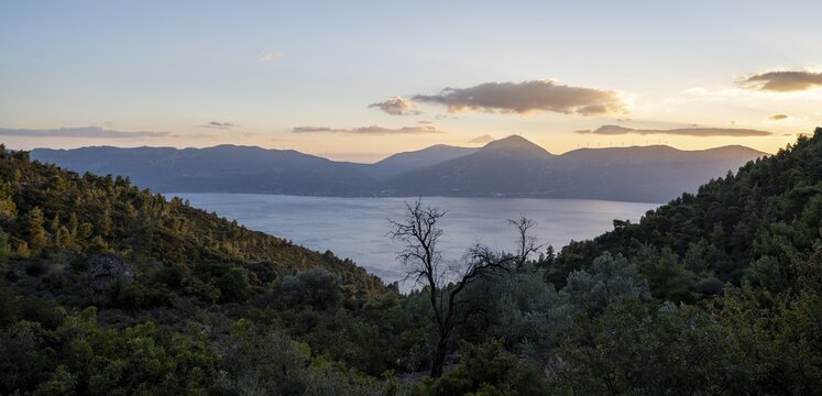 Volcanic peninsula Methana, view over the sea and landscape with mountains and extinct volcanoes, Saronic Gulf, Peloponnese, Greece