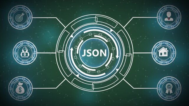 JSON Data Format Technology Concept Animation with Futuristic Digital Programming and Information Exchange Interface HUD Display 4K black background visuals
