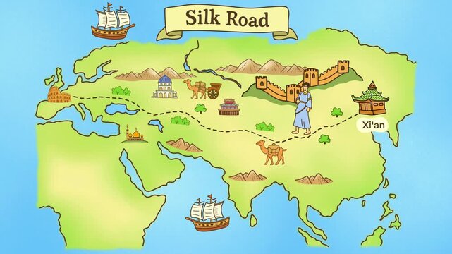 motion of history and trading, Ancient Silk Road, silk trade with China, The Silk Road was a network of trade routes connecting China and the Far East with the Middle East and Europe