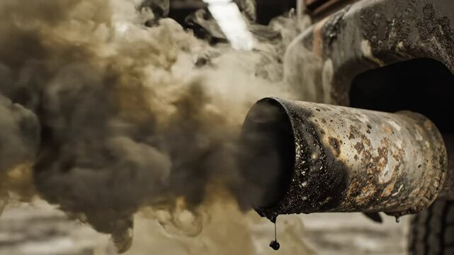 Dirty exhaust pipe expelling thick smoke in a neglected industrial setting creating air pollution and environmental damage