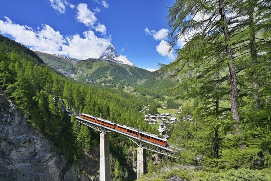 Gornergrat Bahn runs over Findelnbach Viaduct, behind Matterhorn, Zermatt, Canton Valais, Switzerland