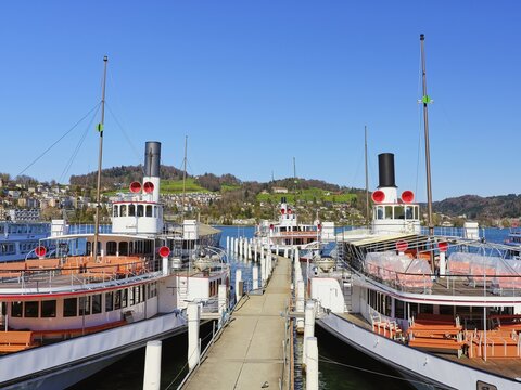 Steamship fleet from Lake Lucerne in the shipyard of Lucerne, Canton Lucerne, Switzerland