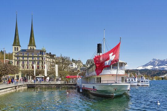 Ship restaurant in front of the court church of St. Leodegar hnten Rigi, Lucerne, Canton Lucerne, Switzerland