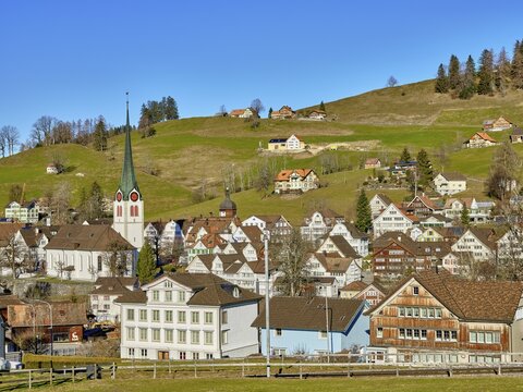 View of the village with typical Appenzell houses facing south with the Reformed church in the back, Gais, Appenzell Ausserrhoden, Switzerland