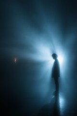 Fototapeta premium Silhouette of woman in light ray leaving darkness. Female silhouette standing in a beam of light, symbolizing hope and new beginnings