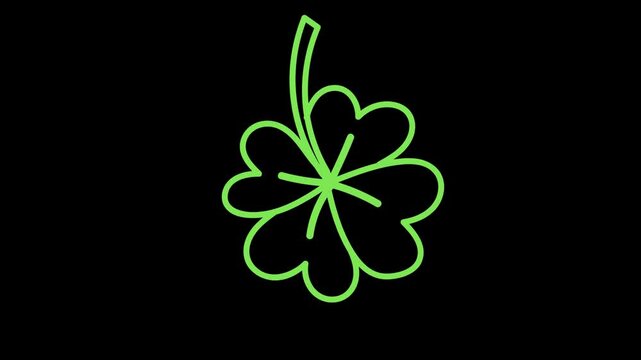 A neon green shamrock symbolizing St Patrick's luck on a dark background from a straightforward view.